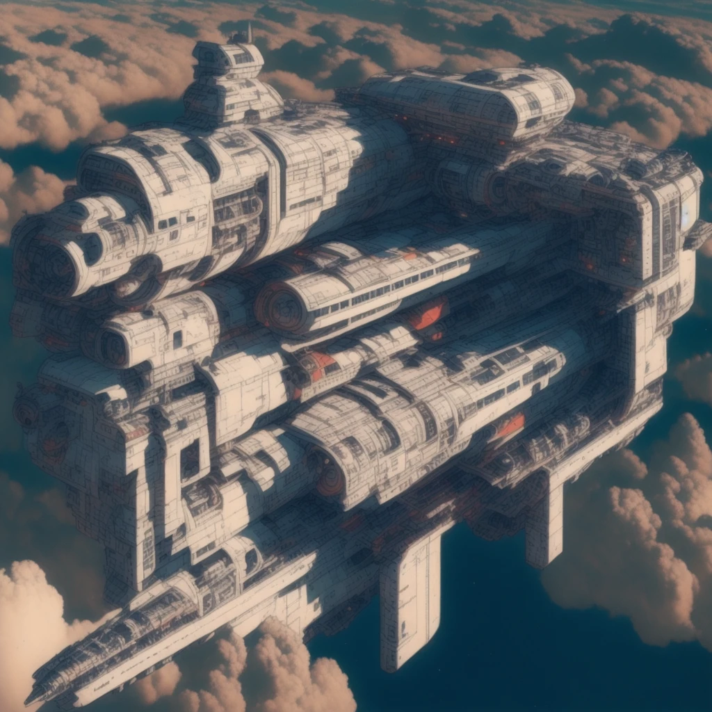 photo, TruckPlans style, a painting of a space ship floating in the sky like in <lyco:JohnsonDesuZenkai-V21-Lyco:1.0>