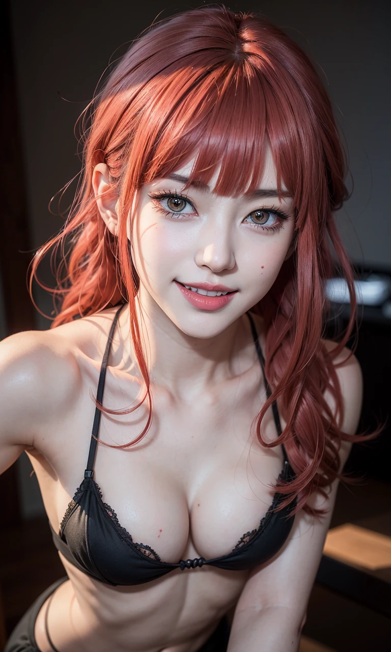 absurdres, 1girl,medium breast, star eye, blush, (realistic:1.5), (blue eyes:0.7), (short hair:1), (masterpiece, Extremely detailed CG unity 8k wallpaper, best quality, highres:1.2), (ultra_detailed, UHD:1.2), (pixiv:1.3), perfect illumination, distinct, (1girl:1.4), (bishoujo:1.2), looking at viewer, unreal engine, sidelighting, perfect face, detailed face, bangs, perfect body, beautiful eyes, pretty face, (bright skin:1.4), idol, (abs), ulzzang-6500-v1.1, (navel), ruins, dark place, night, dark aura, <lora:makimaChainsawMan_v10:0.45>, (blood on face:1.3), (evil smile:1.1)
