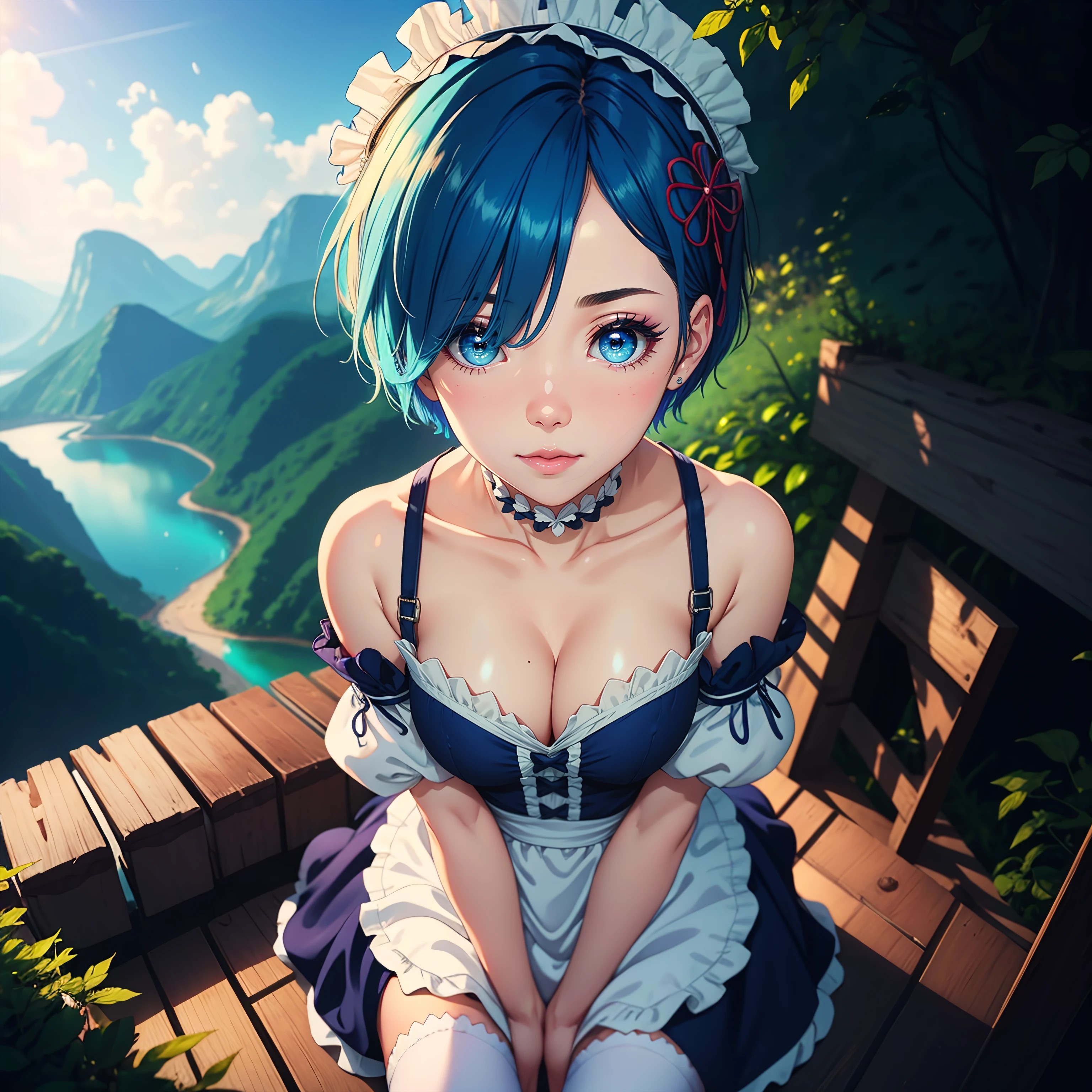 1girl, ultra high quality, ultra high res, masterpiece, realistic, photo-realistic:1.37, best quality, detailed eye makeup, detail face, nice detailed eyes, heavy eye makeup, cleavage, blue hair, maid headdress, maid, blue eyes, white_legwear, (detached_sleeves:1.2), portrait, maid apron, Kpop idol, (aegyo sal:1), natural light, light on face, cinematic lighting, full body, closeup, nsfw, small breast, rem \(re:zero\), rem \(re:zero\), (light blue short hair),detailed hands and fingers, nature, scenery, fisheye lense, <lora:beautifulDetailedEyes_v10:0.4>
