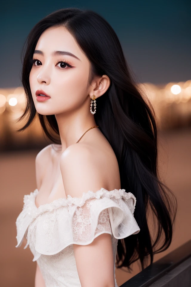 white dress,looking at viewer,  floral print,  depth of field, night cityscape, (1girl:1.6),   long hair, ulzzang-6500v1.1, (original: 1.2), (realistic: 1.3) , beautiful girl with beautiful details, extremely detailed eyes and face, eyes with beautiful details, absurd, incredibly absurd, huge file size, ultra detail, high resolution, ultra detailed, best quality, masterpiece, illustration, ultra detailed and beautiful, ultra detailed, CG, unity, 8k wallpaper, amazing, fine Detail, masterpiece, top quality, official art, extremely detailed CG unity 8k wallpaper, cinematic lighting, (perfect shiny skin:0.6), slim and smooth lines, (floating), (small breasts:1),  earrings ,    <lora:Gulnazar_v10:0.7>,