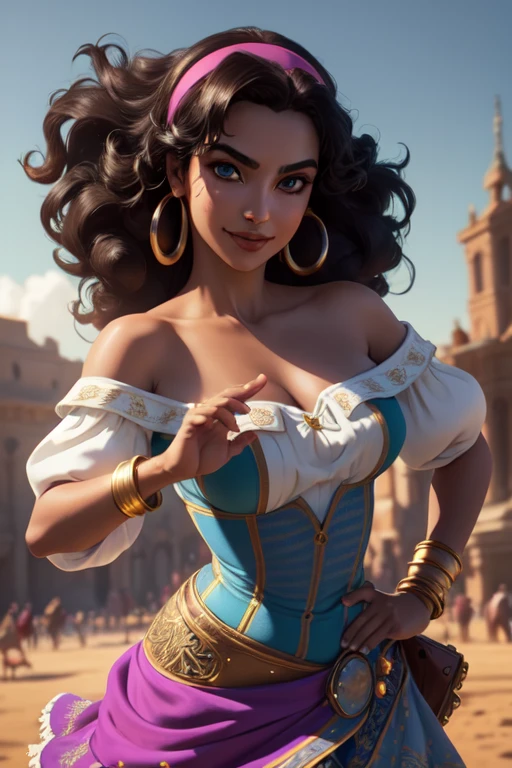 <lora:esmeraldaDisney_v20Final:0.6>esmeralda, 1girl, solo, smile, dress, bare shoulders, jewelry, hairband, earrings, off shoulder, bracelet, coin (realistic:1.2), (realism), (masterpiece:1.2), (best quality), (ultra detailed), (8k, 4k, intricate),(full-body-shot:1),(Cowboy-shot:1.2), (85mm),light particles, lighting, (highly detailed:1.2),(detailed face:1.2), (gradients), colorful,(detailed eyes:1.2),(detailed background),detailed landscape, (dynamic angle:1.2), (dynamic pose:1.2), (rule of third_composition:1.3), (Line of action:1.2), wide shot, daylight, solo,