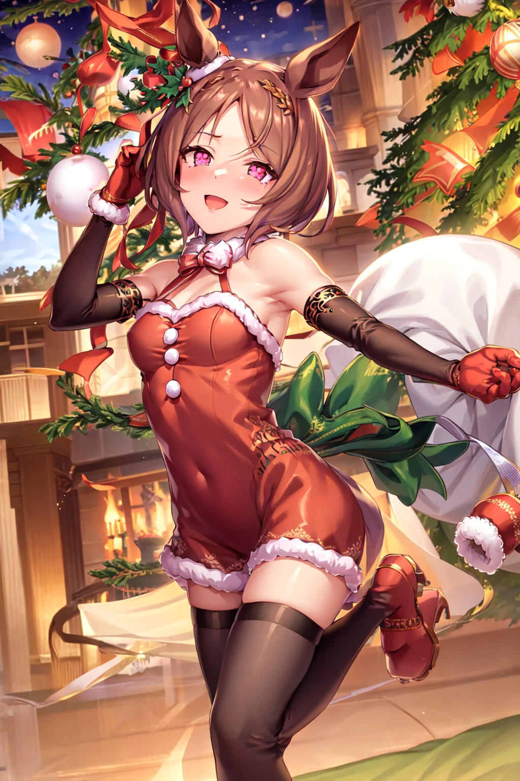 masterpiece, best quality,
sakura laurel \(umamusume\), 
christmas tree, symbol-shaped pupils, symbol in eye,
running, 
full body, holding sack, looking to the side, 
official alternate costume, christmas, leaf hair ornament, ear covers, halterneck, halter dress, fur trim, fur-trimmed dress, red dress, santa dress, bare shoulders, detached sleeves, elbow gloves, fur-trimmed gloves, red gloves, back bow, green bow, black thighhighs
<lora:sakura_laurel_loha:0.8>