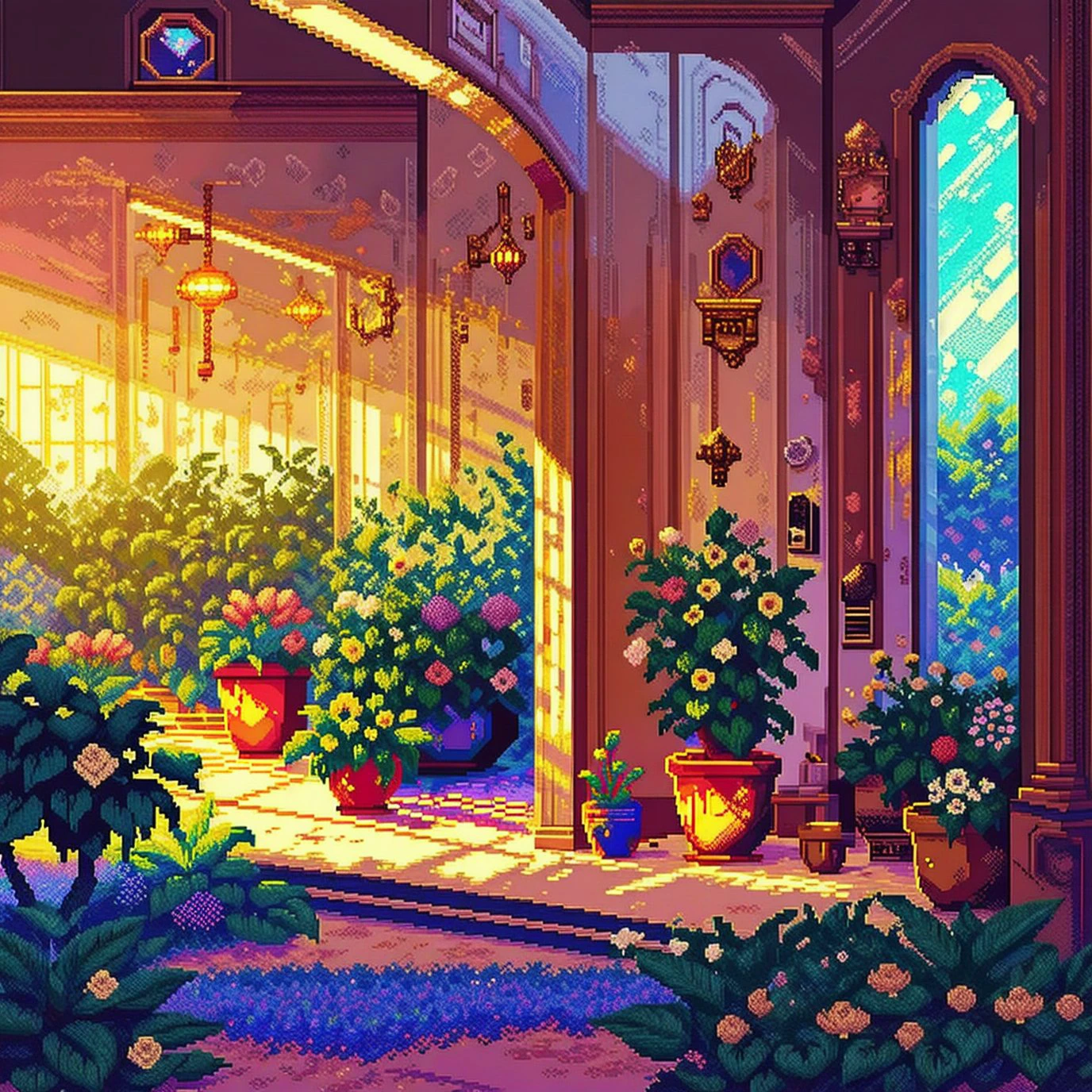 <lora:pixelart:1> ((game pixel art)), Architectural digest photo of a maximalist green solar living room with lots of flowers and plants, golden light, hyperrealistic surrealism, award winning masterpiece with incredible details, epic stunning pink surrounding and round corners, big windows