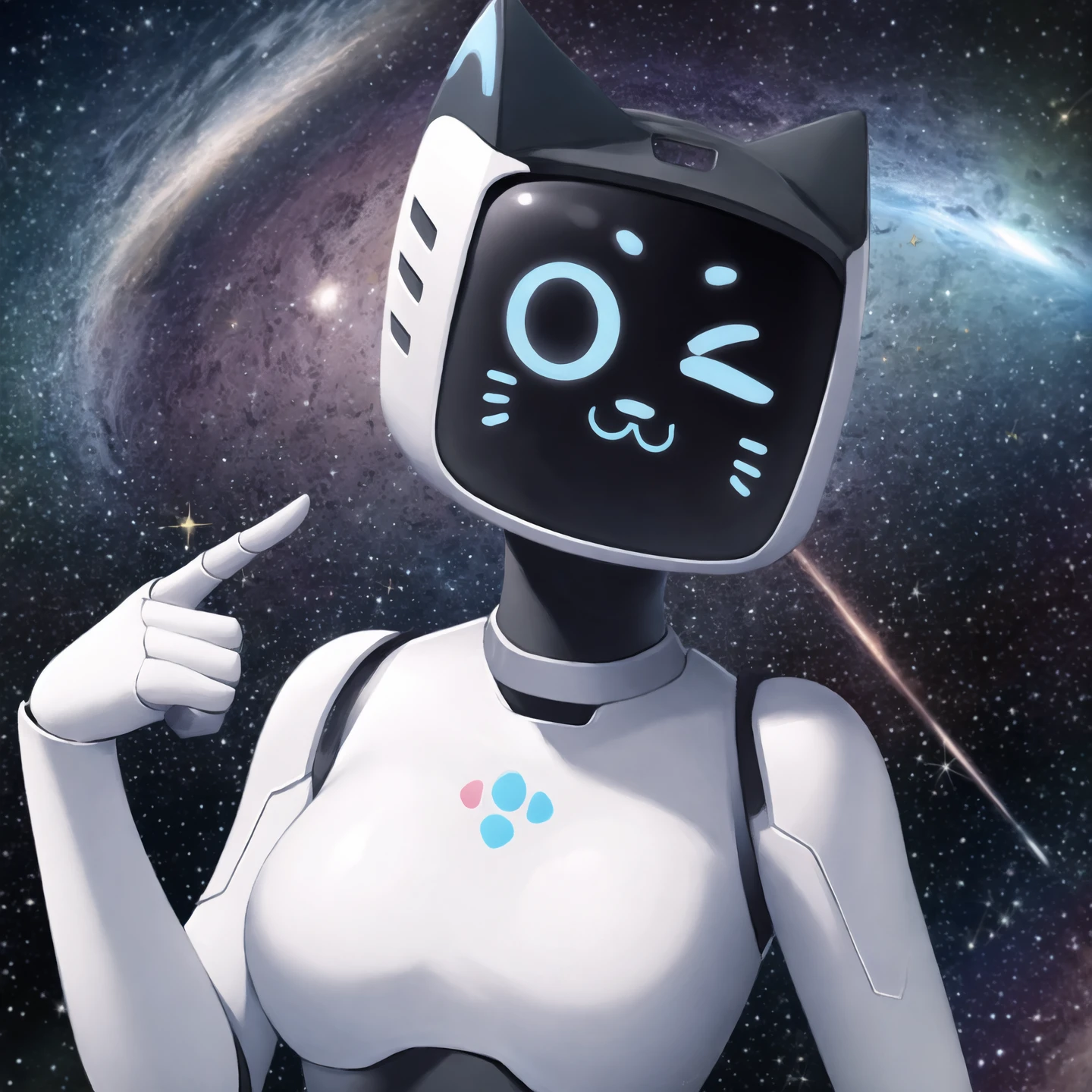 a beautiful and detailed portrait of kerfus,portrait,female, robot, wink,  smile, space background, sparkles,breasts, detailed background, abstract background, in space
 <lora:kerfusv1.4:1>