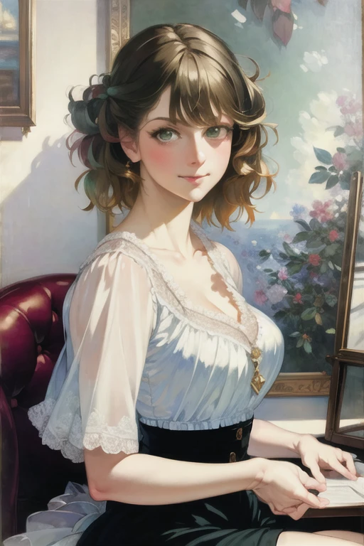 <lora:Victorian Anime Art:1>, (masterpiece, best quality:2.0), ((hyper detailed face, hyper detailed, realistic, realistic face, realistic eyes, realistic nose, photorealistic, traditional media, hyper detailed pupils, best lighting, best shadows)), 1girl, ((medium breasts, light green hair, green eyes, bobbed hair)), girl sitting in an art studio, smiling, blushing, German, black shoes, red blouse, white skirt, stockings, desk, paintbrushes, easel, canvas, pencils on desk, (art by Monet