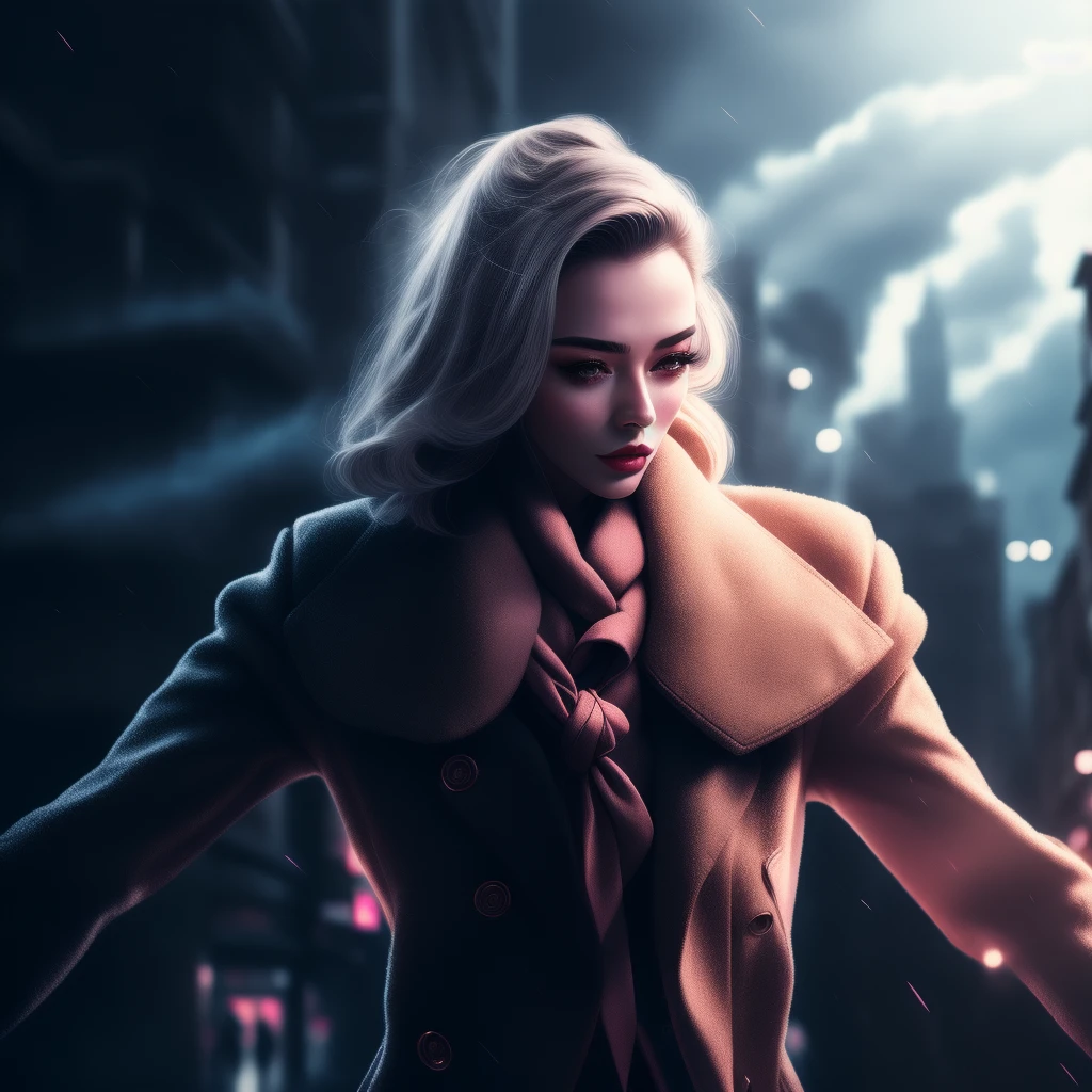 photo, PinkAngel style, a digital painting of a woman in a trench coat a city <lyco:JohnsonDesuZenkai-V21-Lyco:1.0>
