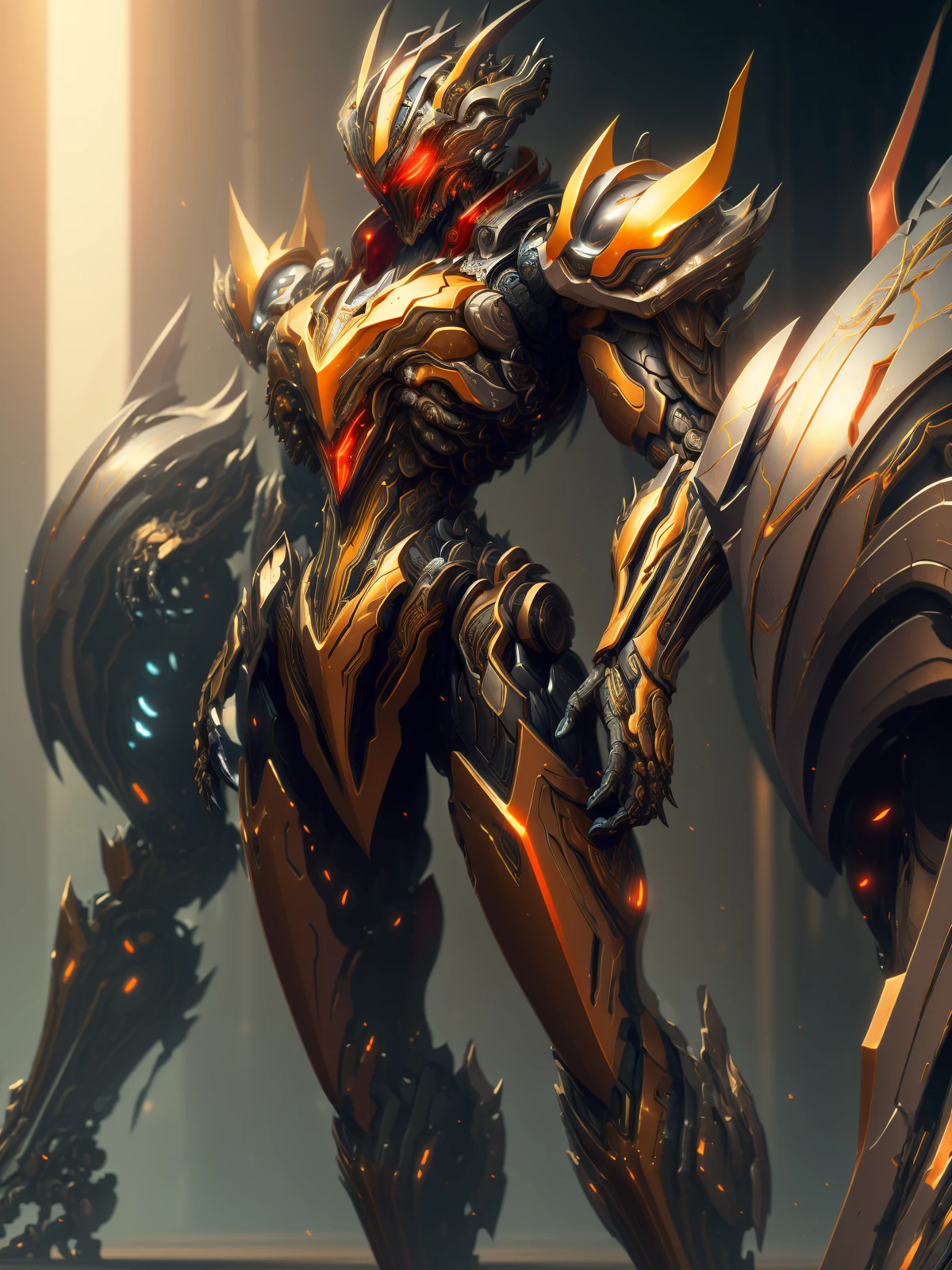 (masterpiece:1.2), best quality, high resolution, unity 8k wallpaper, (illustration:1.0), beautiful detailed, extremely detailed, perfect lighting, extremely detailed CG,glowing eyes,
Mech,armor,full_armor,warframe,horns, fake horns, red eyes, global ray tracing,dark_light,
looking at the viewer,solo,perspective, <lora:warframe_v1-000012:0.75>