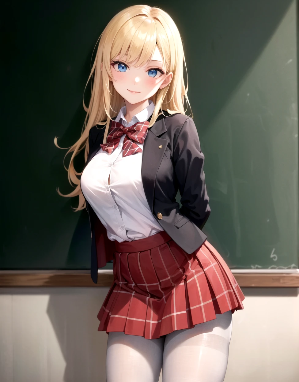 masterpiece, best quality, ultra-detailed, beautiful lighting, 1girl, bangs, (black_jacket:1.2), (blazer:1.1), blue_eyes, perfect eyes, bow, bowtie, breasts, blonde_hair, collared_shirt, jacket, looking_at_viewer, plaid_skirt, pleated_skirt, red_bow, red_bowtie, school_uniform, shirt, long_hair, skirt, solo, stairs, standing, white_shirt, facing viewer, (pantyhose:1.1), arms behind back, (pov:1.1), (smile:0.9), thick thighs, bokeh, (near chalkboard:1.3)
