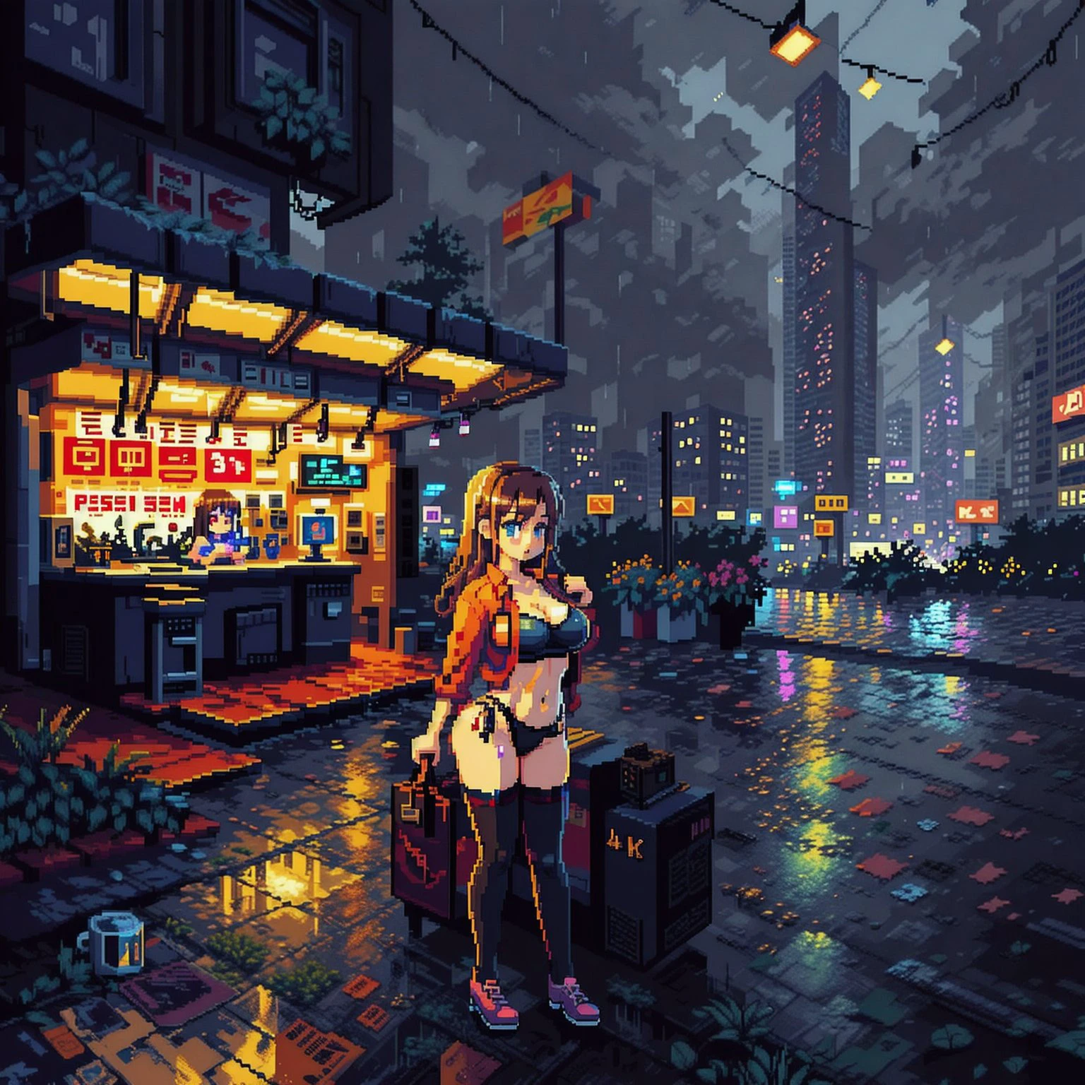 <lora:pixelart:1> ((game pixel art)), mix4,(8k, RAW photo, best quality, masterpiece:1.2), (realistic, photo-realistic:1.37),1girl,cute,cityscape, night, rain, wet,professional lighting, photon mapping, radiosity, physically-based rendering, full body,thighhighs,legs together, breasts, peeing,