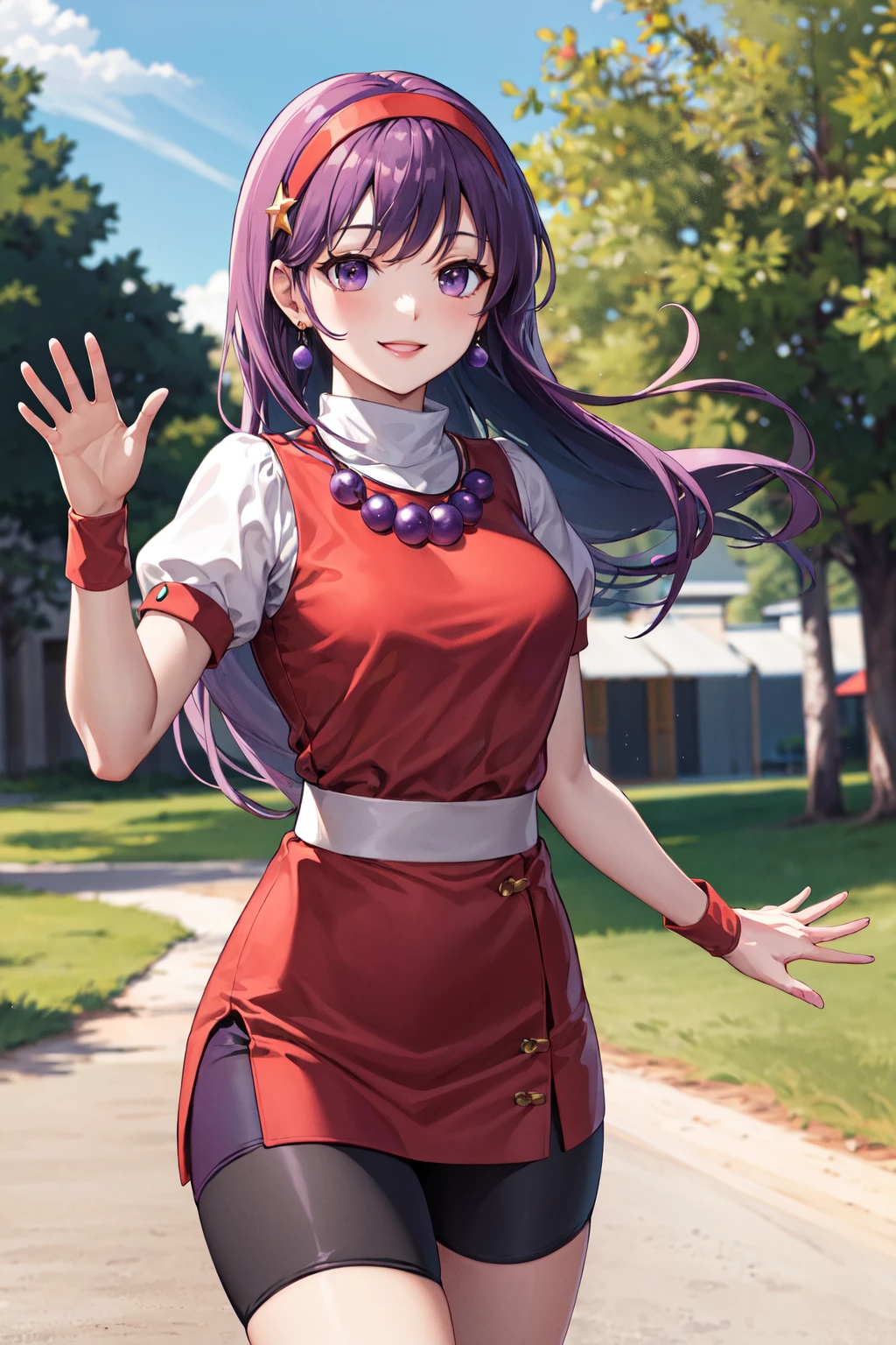 masterpiece, best quality, highres, aa1, purple hair, long hair, hairband, long hair, necklace, bike shorts, earrings, red dress, medium breasts, puffy short sleeves, white sleeves, wristband, <lora:asamiya_athena:0.6>, cowboy shot, smile, waving, outdoors,