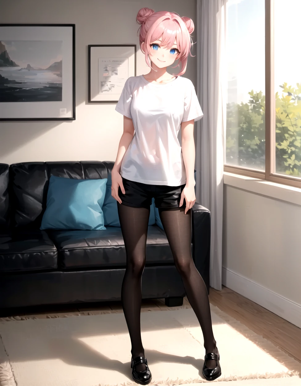 1girl, pink hair, blue eyes, smiling, black shorts, white shirt,  standing up, hair bun, (black:1.3) pantyhose, in living room, full body