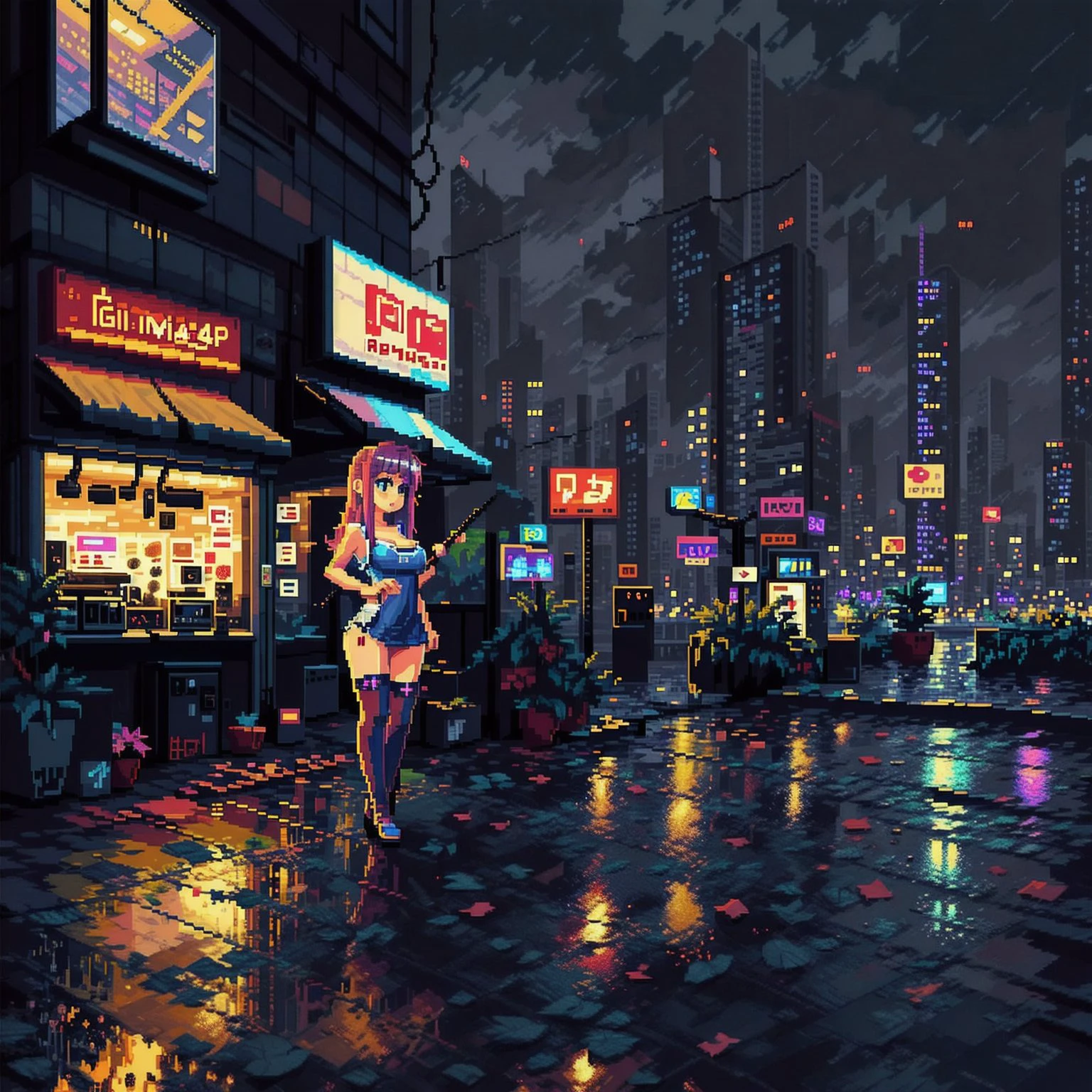 <lora:pixelart:1> ((game pixel art)), mix4,(8k, RAW photo, best quality, masterpiece:1.2), (realistic, photo-realistic:1.37),1girl,cute,cityscape, night, rain, wet,professional lighting, photon mapping, radiosity, physically-based rendering, full body,thighhighs,legs together, breasts, peeing,