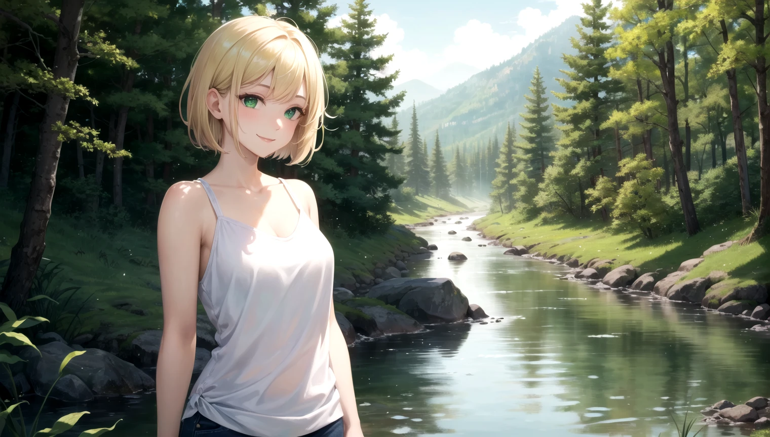 masterpiece, best quality, ultra-detailed, beautiful lighting, incredible landscape, river, forest, woman, perfect body, short hair, blonde hair, (green eyes:1.2), standing, smile, perfect eyes, casual clothing