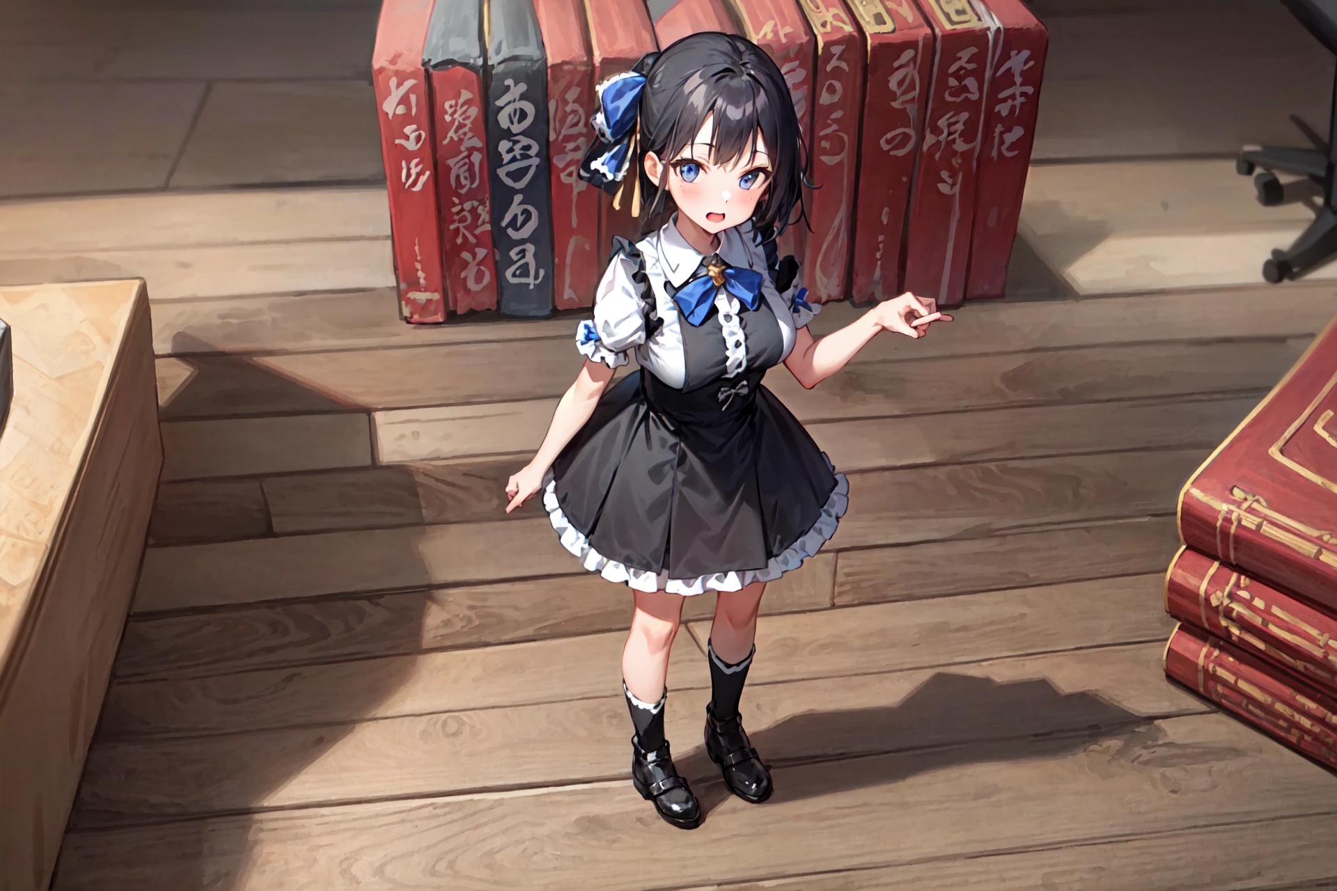 on the desk,1girl,solo,oversized object,minigirl,indoors,large breasts,dress,frills,(full body:1.5),standing,looking at viewer, (doyagao:1.5), <lora:otd-v10:1:LC-OTD6>