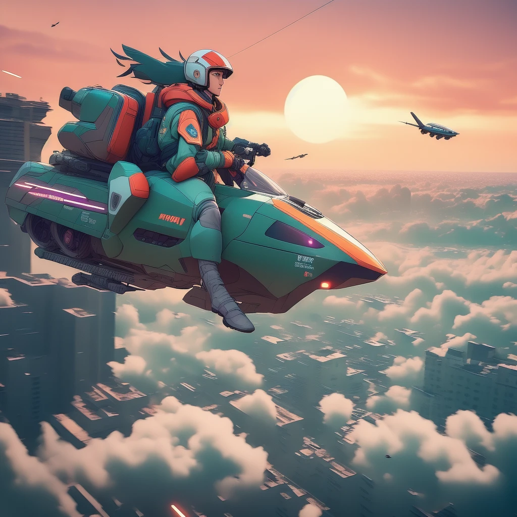 photo, MechaPilot style, a man riding on the back of a flying vehicle in the sky <lyco:JohnsonDesuZenkai-V21-Lyco:1.0>