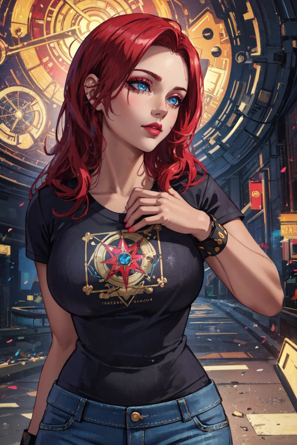 Tarot Card style, Second Life, Duskfall Art, Art by Alphonse Mucha, (masterpiece, best quality, ultra-detailed, highres), arcane style, cyberpunk futurism, fantasy wallpaper, kawaii, perfect face, side lighting, lustrous skin,(bloom), (shine), lighting, ray tracing, anime,1girl, solo, transgender female, red hair, blue eyes, tan, tan skin, ganguro, long hair, wearing a black and pink anime tshirt, denim jeans, tanlines, makeup, wristband, lipstick, jewelry,depth_of_field, very detailed background,Dynamic angle, solo, extreme light and shadow,(detailed eyes), (extremely detailed illustrated 8k wallpaper),vivid colors,