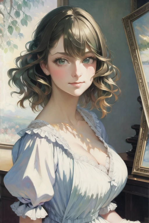 <lora:Victorian Anime Art:1>, (masterpiece, best quality:2.0), ((hyper detailed face, hyper detailed, realistic, realistic face, realistic eyes, realistic nose, photorealistic, traditional media, hyper detailed pupils, best lighting, best shadows)), 1girl, ((medium breasts, light green hair, green eyes, bobbed hair)), girl sitting in an art studio, smiling, blushing, German, black shoes, red blouse, white skirt, stockings, desk, paintbrushes, easel, canvas, pencils on desk, (art by Monet