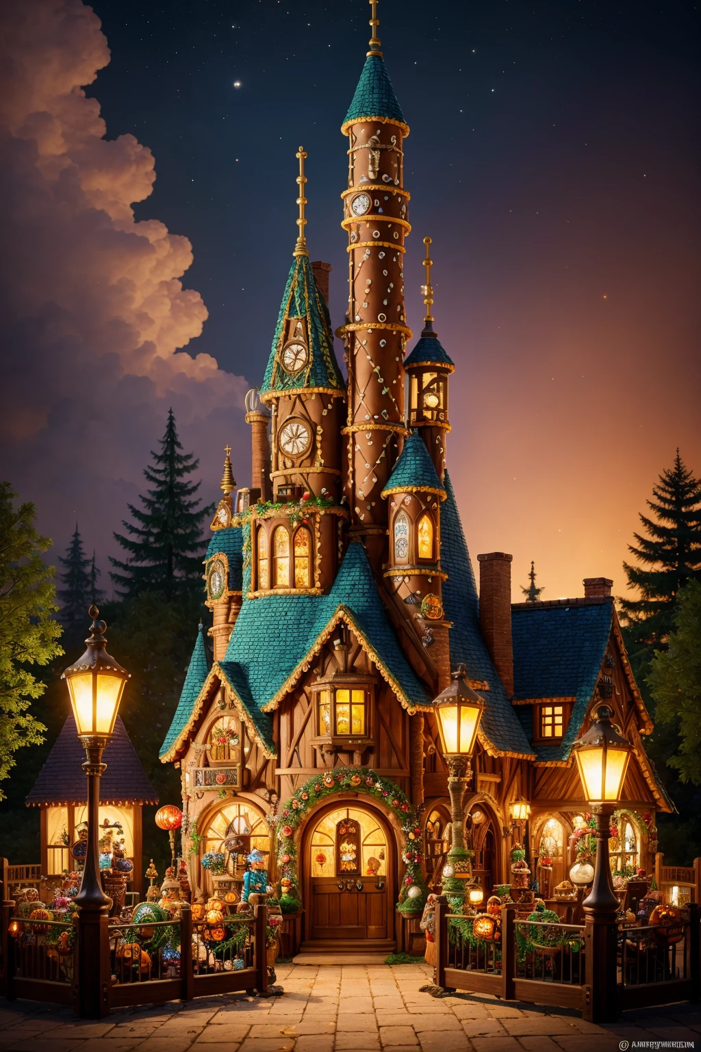 gingerbread candy village, steampunk, cinematic scene, art deco, studio lighting, robot, colorful, inspectorcore, fantasy, fairytale, intricate, forest, fireflies, flowers, halloween, christmas, hansel and gretel, background blur, bokeh, medium shot, visually stunning, matte painting, concept art, trending on artstation, artgerm, cgsociety