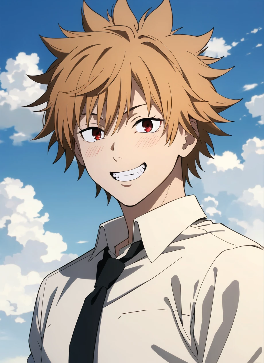 csm anime style, 1boy, male focus, solo, shirt, smile, teeth, sky, blonde hair, cloud, sharp teeth, white shirt, upper body, day, brown eyes, spiked hair, looking at viewer, cloudy sky, red eyes, grin, ((masterpiece)) <lora:csm_anime_style_offset:1>
