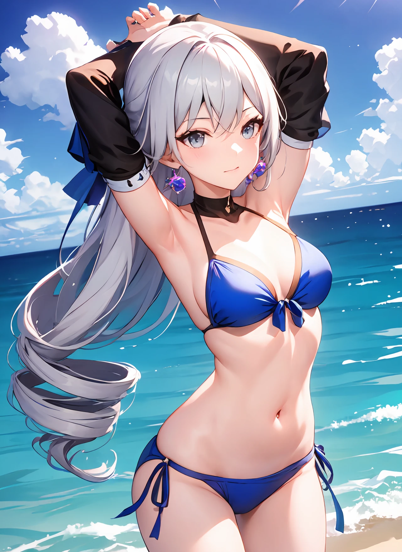 /<lora:B-t1.1-000007:0.7>, ph bronya, 1girl, solo, jewelry, earrings, long hair, grey hair,  drill hair, grey eyes, bay, ocean, bikini, arms up,