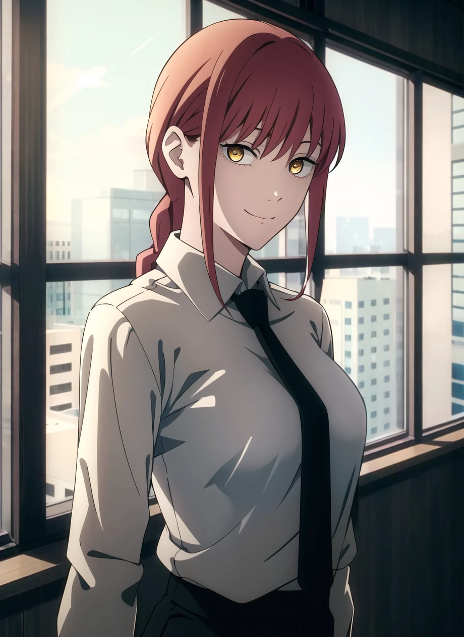 csm anime style,  makima \(chainsaw man\), 1girl, solo, necktie, smile, braid, looking at viewer, shirt, black necktie, ringed eyes, collared shirt, braided ponytail, white shirt, red hair, breasts, upper body, medium breasts, bangs, window, formal, yellow eyes, sidelocks, light smile, office lady, medium hair, business suit, suit,  ((masterpiece))    <lora:csm_anime_style_offset:1> <lora:makima_offset:0.6>