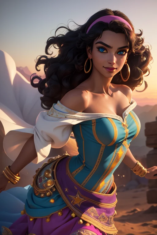 <lora:esmeraldaDisney_v20Final:0.6>esmeralda, 1girl, solo, smile, dress, bare shoulders, jewelry, hairband, earrings, off shoulder, bracelet, coin (realistic:1.2), (realism), (masterpiece:1.2), (best quality), (ultra detailed), (8k, 4k, intricate),(full-body-shot:1),(Cowboy-shot:1.2), (85mm),light particles, lighting, (highly detailed:1.2),(detailed face:1.2), (gradients), colorful,(detailed eyes:1.2),(detailed background),detailed landscape, (dynamic angle:1.2), (dynamic pose:1.2), (rule of third_composition:1.3), (Line of action:1.2), wide shot, daylight, solo,