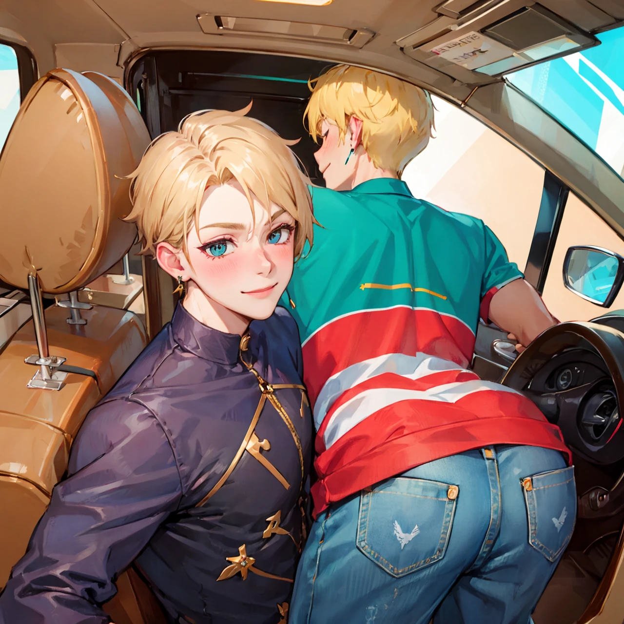 1girl, light blonde hair, one big ponytail, side fluffy bangs, choker, makeup, black eyeliner, black eyeshadow, black eyelashes, naked, closed eyes, 1boy, tongue in pussy, cunnilingus, inside the car, desert