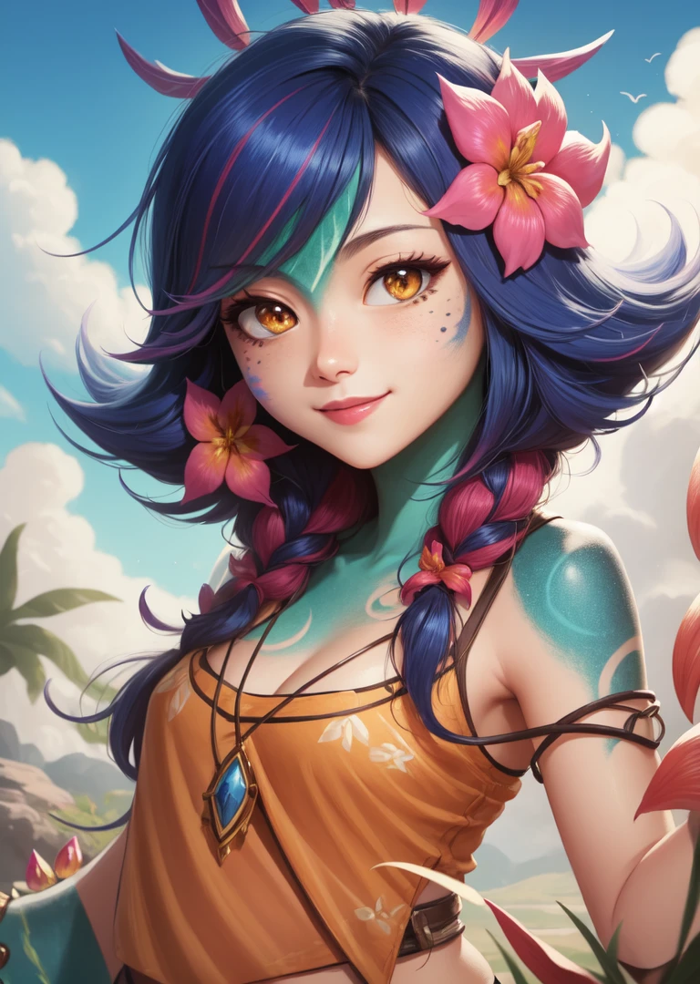 Neeko in a beach, naked, sexy face, blush, perfect antomy, sexy, perfect hands, (perfect fingers), (perfect eyes), high resolution, sexy pose, league of legends,