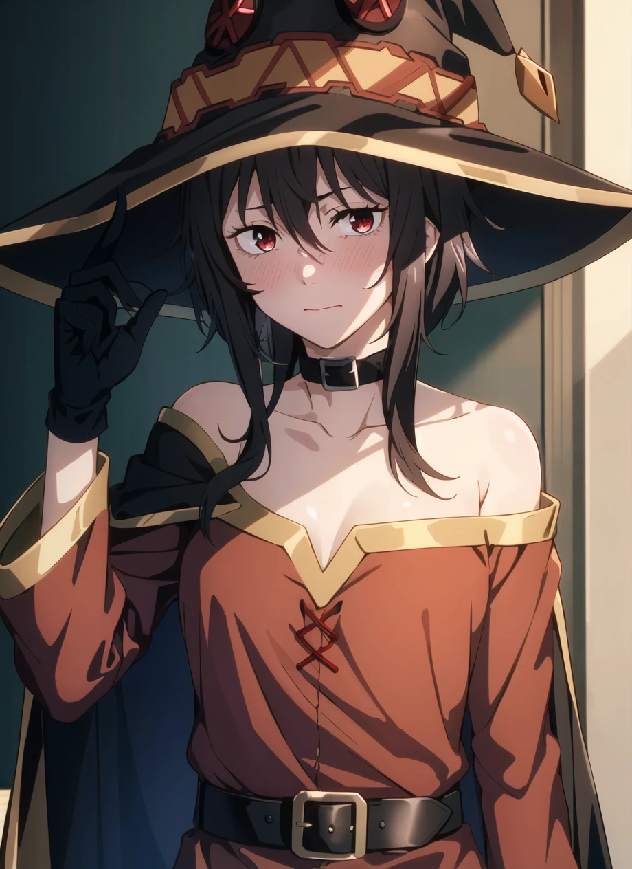 masterpiece, Highest quality, High resolution, unity 8k wallpaper, (figure:1.1), Highly detailed face, Highly detailed CG,
Perfect Anatomy, Nice hands, Perfect hands, 
Megumin, 
Megumin\(KonoSuba\), 
One person, 
Long hair short hair, 
Brown Hair, 
(Red eyes:1.1), (Beautiful attention to detail:1.2), 
View your viewers, 
Off-the-shoulder dress, Red dress, Brown cape, Long sleeve, 
Single knee socks, Asymmetrical legwear, Bandaged leg,
Small breasts, 
Ollerborn,
Witch Hat, Black choker, Black gloves, Fingerless gloves, 
Cowboy Shot,  
Perfect lighting,
Indoor Background, On the bed, 