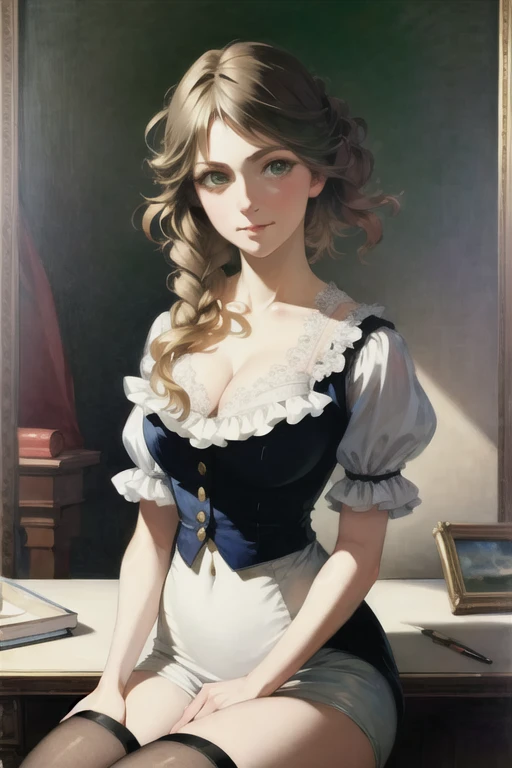 <lora:Victorian Anime Art:1>, (masterpiece, best quality:2.0), ((hyper detailed face, hyper detailed, realistic, realistic face, realistic eyes, realistic nose, photorealistic, traditional media, hyper detailed pupils, best lighting, best shadows)), 1girl, ((medium breasts, light green hair, green eyes, bobbed hair)), girl sitting in an art studio, smiling, blushing, German, black shoes, red blouse, white skirt, stockings, desk, paintbrushes, easel, canvas, pencils on desk, (art by Monet