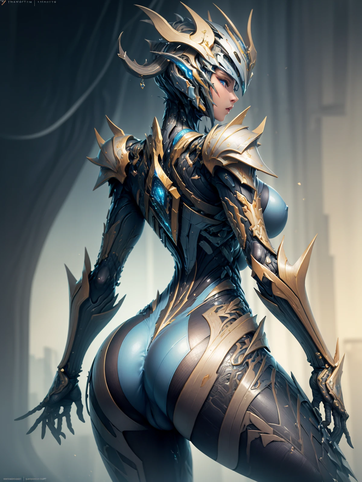 (masterpiece:1.2), best quality, high resolution, unity 8k wallpaper, (illustration:1.0), beautiful detailed, extremely detailed, perfect lighting, extremely detailed CG,glowing eyes,
,armor,full_armor,warframe,horns, fake horns, blue eyes, global ray tracing,large breasts, pantyhose, large_ass,
looking at the viewer,solo,perspective, <lora:warframe_v1-000012:0.6>