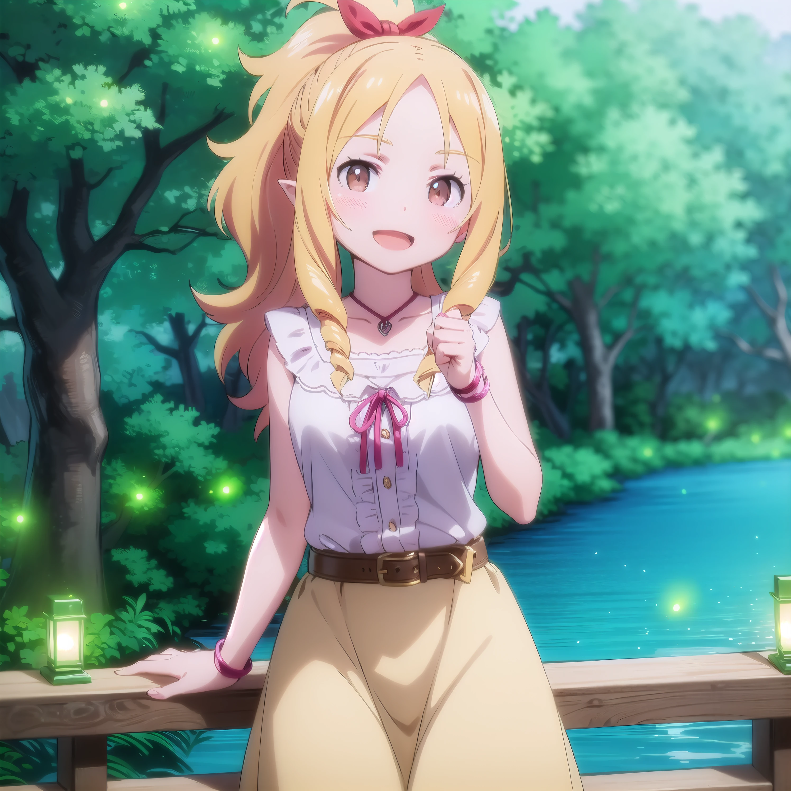 best quality, (masterpiece:1.2), highly detailed, outdoors, night, fireflies, tree, anime style,
1girl, <lora:chara_Eromanga-sensei_YamadaElf_v1:0.8>, yamada elf, standing, open mouth, blush, smile, looking at viewer, from the front,
(blonde hair:1.6), long hair, ponytail, brown eyes, pointy ears, red ribbon, white shirt, yellow skirt, belt, sleeveless,