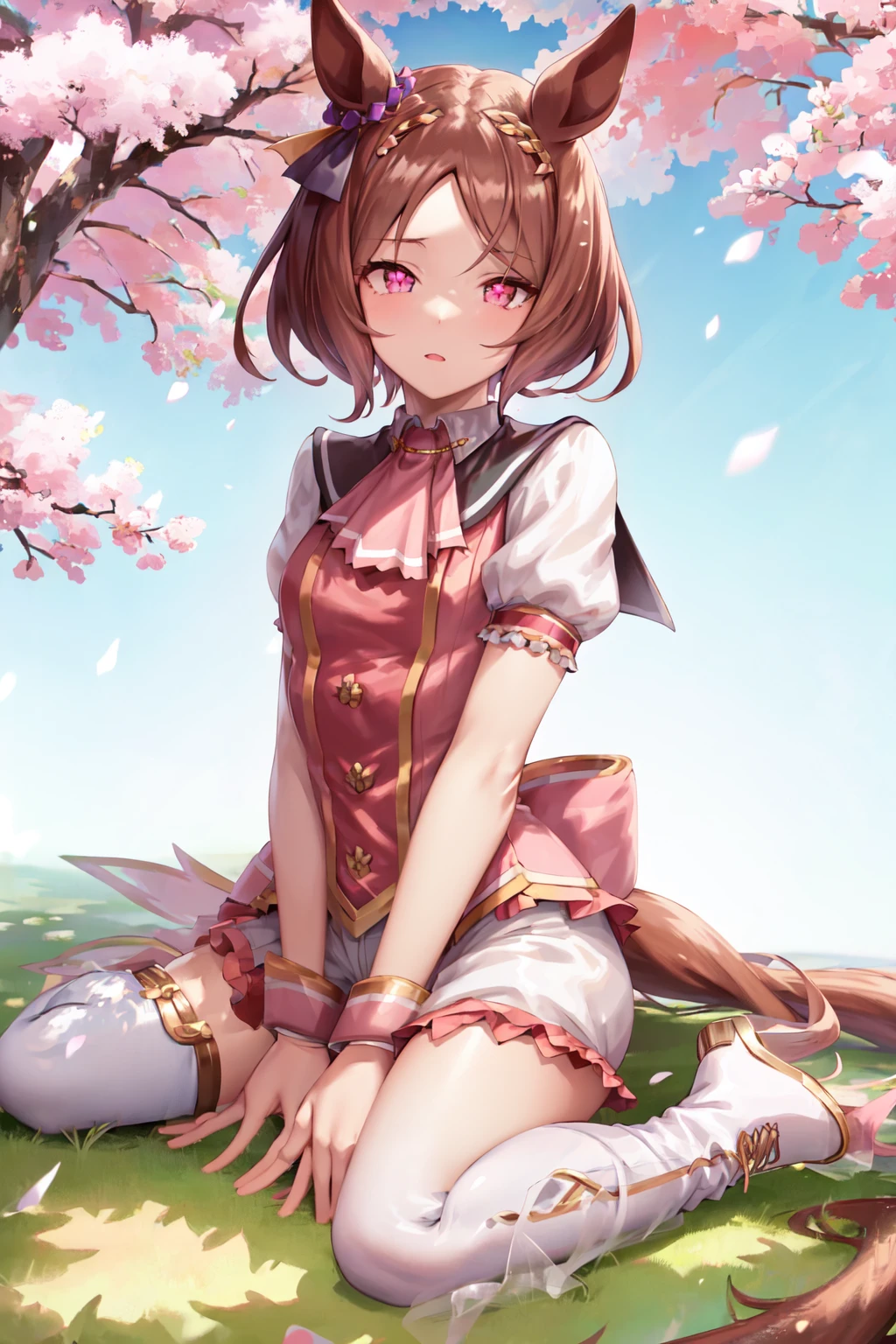 masterpiece, best quality,
sakura laurel \(umamusume\), 
cherry blossoms, sitting, wariza, under tree, looking away,
ear bow, symbol in eye, symbol-shaped pupils, sailor collar, pink ascot, white shirt, pink vest, puffy short sleeves, wrist cuffs, white shorts, single thighhigh, black thighhighs, knee boots, asymmetrical footwear, white footwear, mismatched footwear, high heels
<lora:sakura_laurel_loha:0.8>