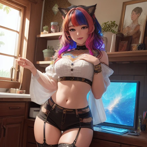 masterpiece, best quality, high resolution, ultra-detailed, perfect detail, realistic, intricate details, beautiful, front view, high detail, cat 1girl, (crop top, sfw), multicolored clothes, clothed, short shorts, cute face, wild multicolored hair, detailed background glowing rgb gaming chair, high end watercooled pc, thighhighs, thick waist, whole body<lora:LORA1024CV1024cardosAnimated_v20:1>