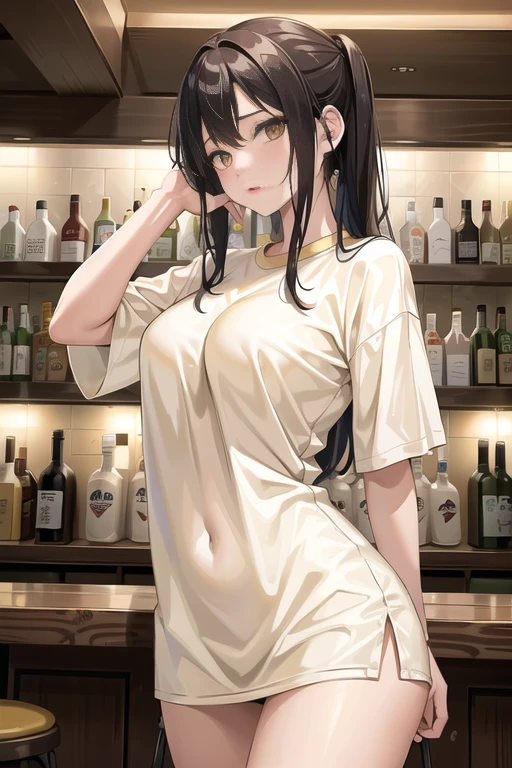 <lora:betterCuteAsian03:0.3> is posing for a photo in a sexy pose, (oversized_shirt:1.3), yellow oversized_shirt,back view,
good hand,4k, high-res, masterpiece, best quality, head:1.3,((Hasselblad photography)), sharp focus, (cinematic lighting), night, soft lighting, dynamic angle, [:(detailed face:1.2):0.2],(((standing in a bar))), outside,   <lora:oversized_shirt10:0.5>