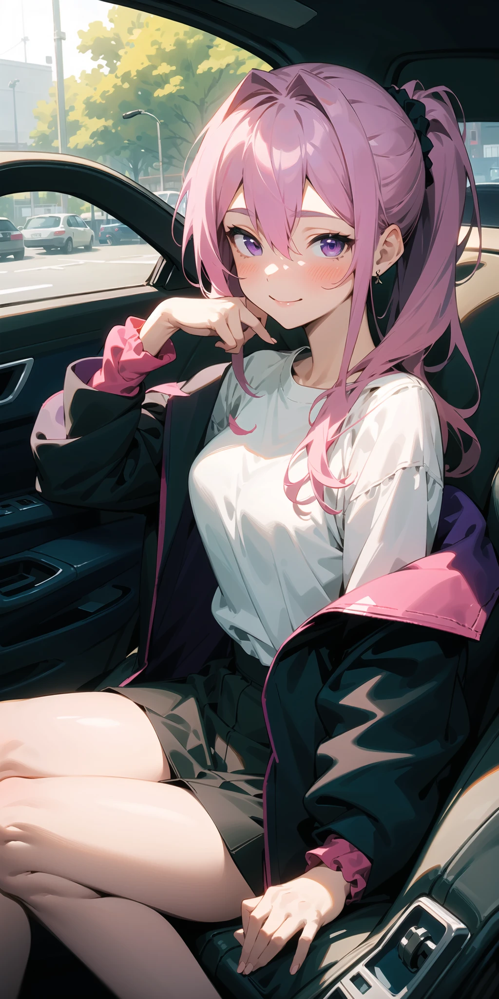 (masterpiece, best quality),1girl sitting in a car ,1girl, jewelry, smile, looking at viewer, car interior, solo,pink hair, purple eyes, steering wheel, blush, long hair, white shirt, off shoulder, black jacket, hair between eyes, long sleeves, , wrist scrunchie,