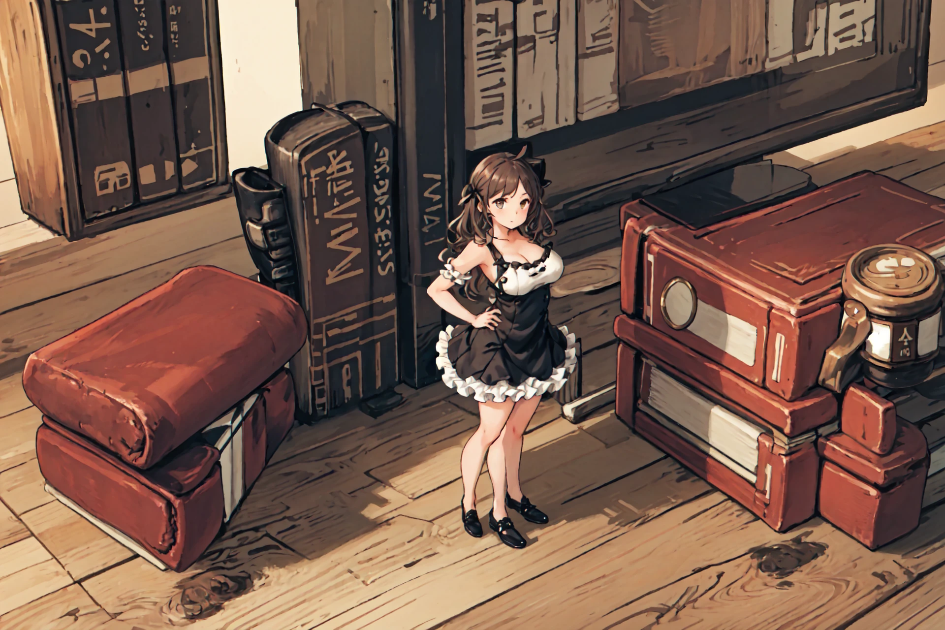 on the desk,1girl,solo,oversized object,minigirl,indoors,large breasts,dress,frills,(full body:1.5),standing,looking at viewer,on desk, <lora:OnTheDesk-v2:1:LC-OTD2>