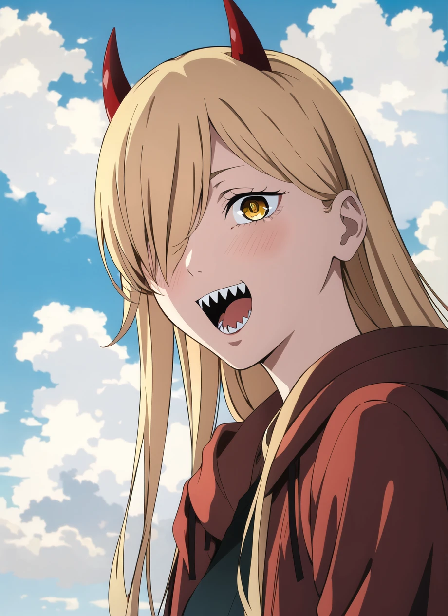 csm anime style, 1girl, horns, solo, teeth, sharp teeth, sky, open mouth, cross-shaped pupils, long hair, cloud, hair over one eye, looking at viewer, demon horns, blue sky, day, outdoors, yellow eyes, hood, blonde hair, anime coloring, red horns, cloudy sky, jacket, ((masterpiece)) <lora:csm_anime_style_offset:1>