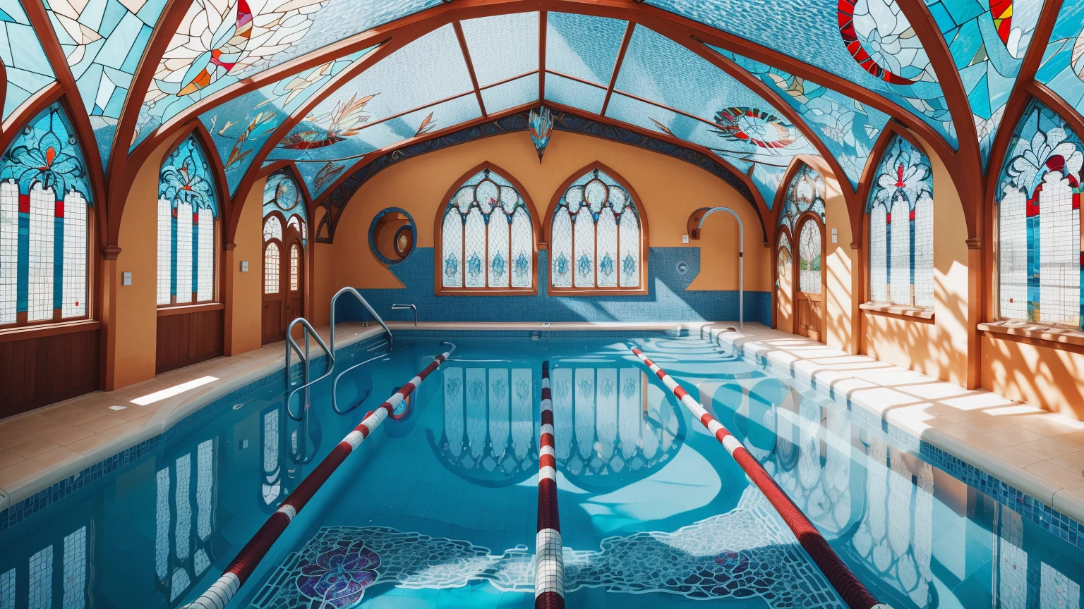 sharp focus photograph, <lora:stainedglassai_v10:0.5> stainedglassai, wide-angle view of a Swimming pool, retro-futuristic, detailed, cloisonn panels, finely detailed filigree