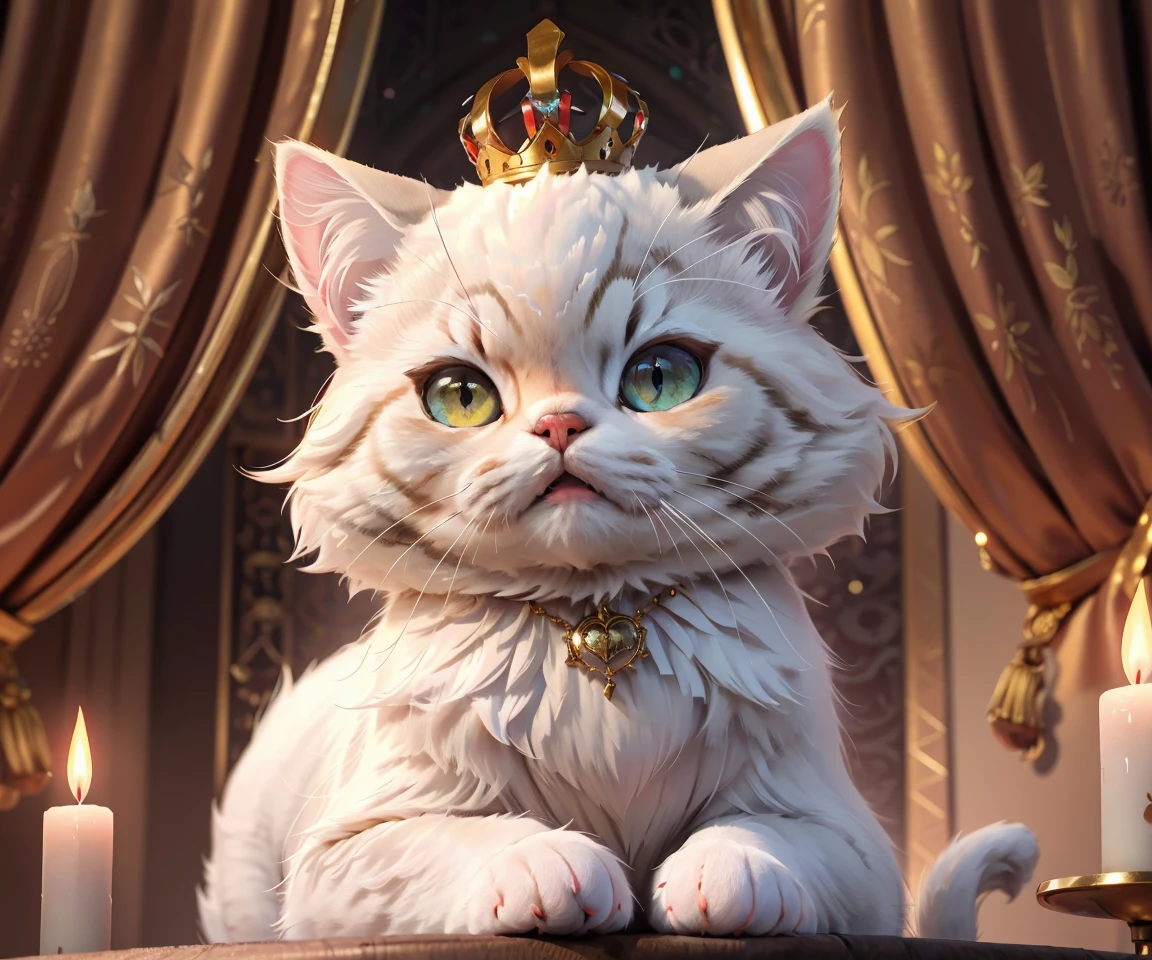 illustration,palace, golden light, shadows, windows, chandelier, close up, complex composition, imposing throne, (Persian cat:1.3), wearing golden crown with crystal carvings, confused expression, cute and playful, detailed fur, luxurious robes, regal pose, overlooking the kingdom, elegant background, candles, flowers, intricate patterns, shimmering tapestries, velvet curtains, dramatic lighting,
BREAK,
(UHD, highres, ultra detailed, intricate details, textural effects, 8k:1.2)