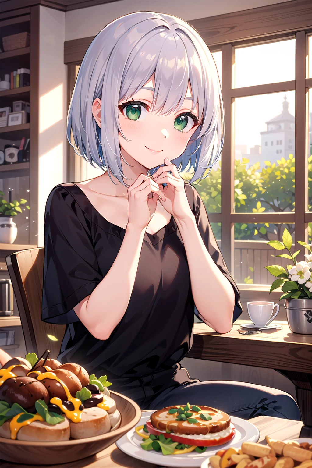masterpiece, best quality, short hair, bob cut, silver hair, green eyes, indoors, sitting, close-up, food, window, dynamic range, bokeh, smile, hand on own chin,