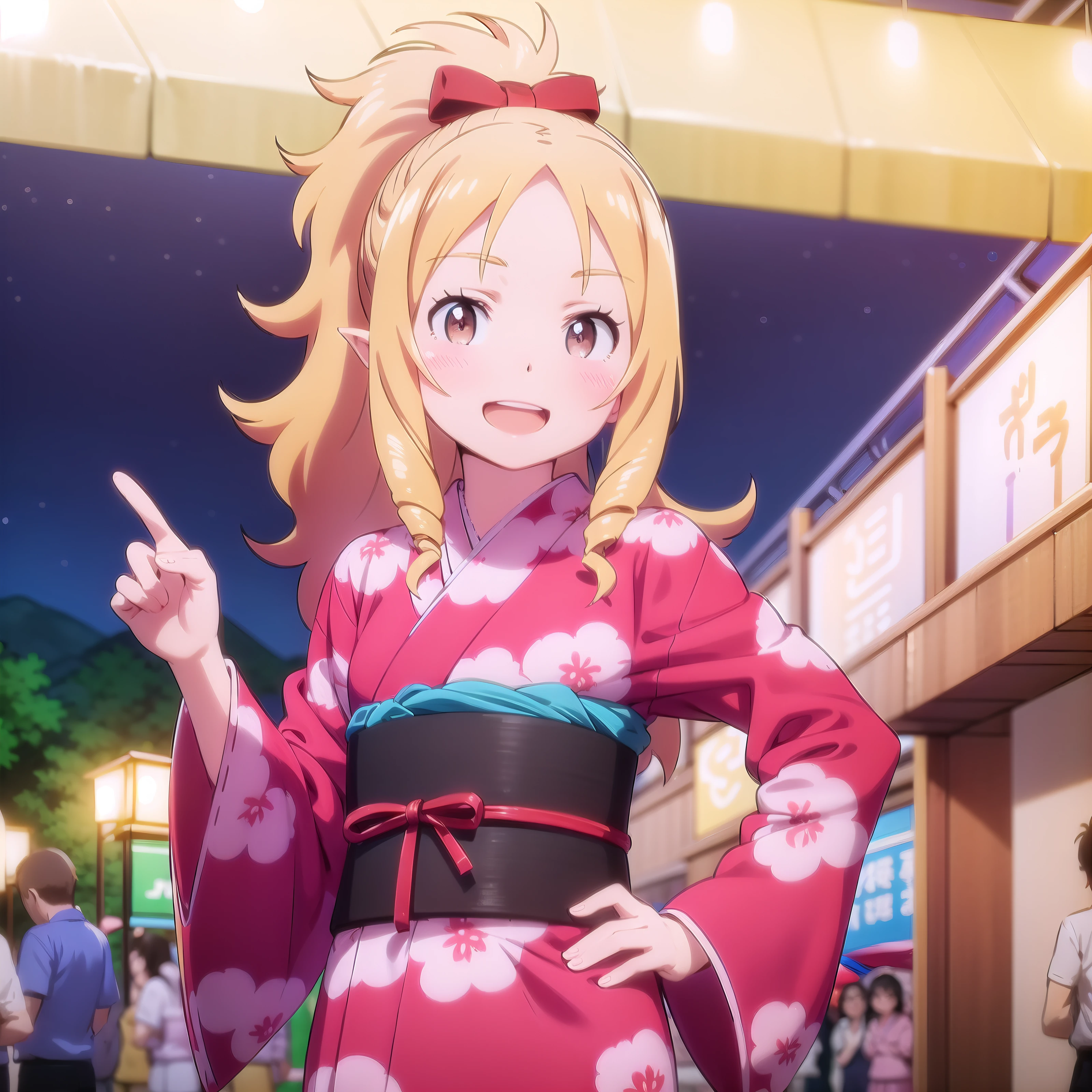 best quality, (masterpiece:1.2), highly detailed, outdoors, night, festival, shrine, anime style, lantern, stalls,
1girl, <lora:chara_Eromanga-sensei_YamadaElf_v1:0.8>, yamada elf, standing, open mouth, blush, smile, looking at viewer, from the front, hand on hip,
(blonde hair:1.6), long hair, ponytail, brown eyes, pointy ears, japanese clothes, red yukata, pink bow