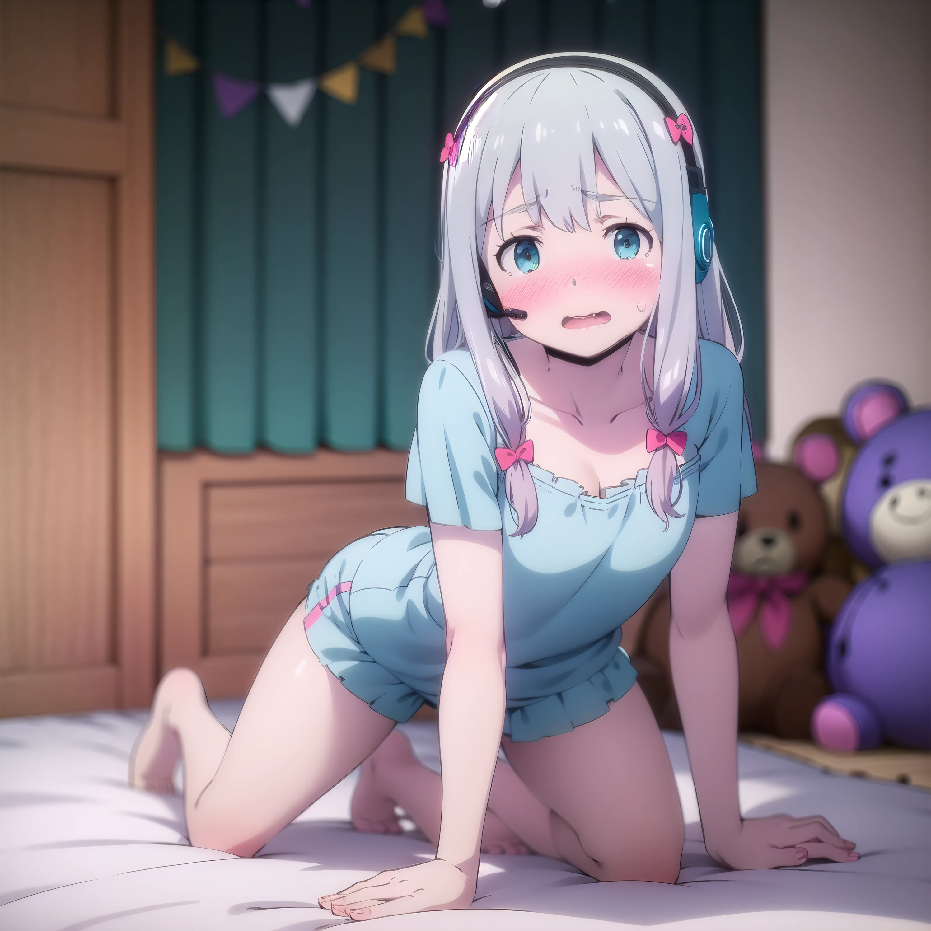 best quality, (masterpiece:1.2), highly detailed, indoors, bedroom, anime style, stuffed animal, stuffed toy, teddy bear,
1girl, solo, <lora:chara_Eromanga-sensei_Sagiri_v1:0.7>, sagiri, open mouth, wavy mouth, blush, nose blush, looking at the viewer, seiza, full body,
grey hair, long hair, multicolored hair, blue eyes, collarbone, headset, pajamas, blue shirt, blue shorts, short sleeves