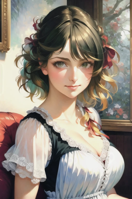 <lora:Victorian Anime Art:1>, (masterpiece, best quality:2.0), ((hyper detailed face, hyper detailed, realistic, realistic face, realistic eyes, realistic nose, photorealistic, traditional media, hyper detailed pupils, best lighting, best shadows)), 1girl, ((medium breasts, light green hair, green eyes, bobbed hair)), girl sitting in an art studio, smiling, blushing, German, black shoes, red blouse, white skirt, stockings, desk, paintbrushes, easel, canvas, pencils on desk, (art by Monet)