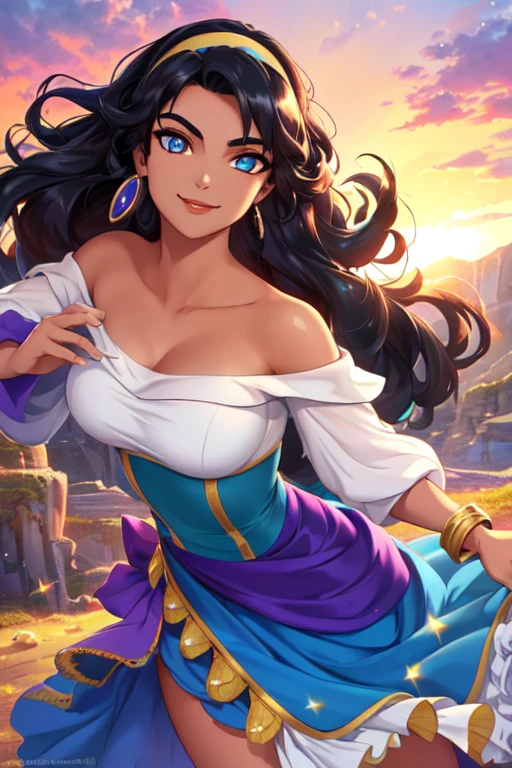 <lora:esmeraldaDisney_v20Final:0.6>esmeralda, 1girl, solo, smile, dress, bare shoulders, jewelry, hairband, earrings, off shoulder, bracelet, coin (realistic:1.2), (realism), (masterpiece:1.2), (best quality), (ultra detailed), (8k, 4k, intricate),(full-body-shot:1),(Cowboy-shot:1.2), (85mm),light particles, lighting, (highly detailed:1.2),(detailed face:1.2), (gradients), colorful,(detailed eyes:1.2),(detailed background),detailed landscape, (dynamic angle:1.2), (dynamic pose:1.2), (rule of third_composition:1.3), (Line of action:1.2), wide shot, daylight, solo,