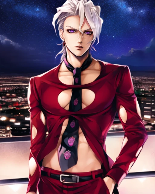 1boy, fugojojo, red clothing, solo, clothing cutout, purple eyes, BREAK (white hair), looking at viewer, night, city lights, city, standing, navel, necktie, upper body,
<lora:fugojojo-000007:1>