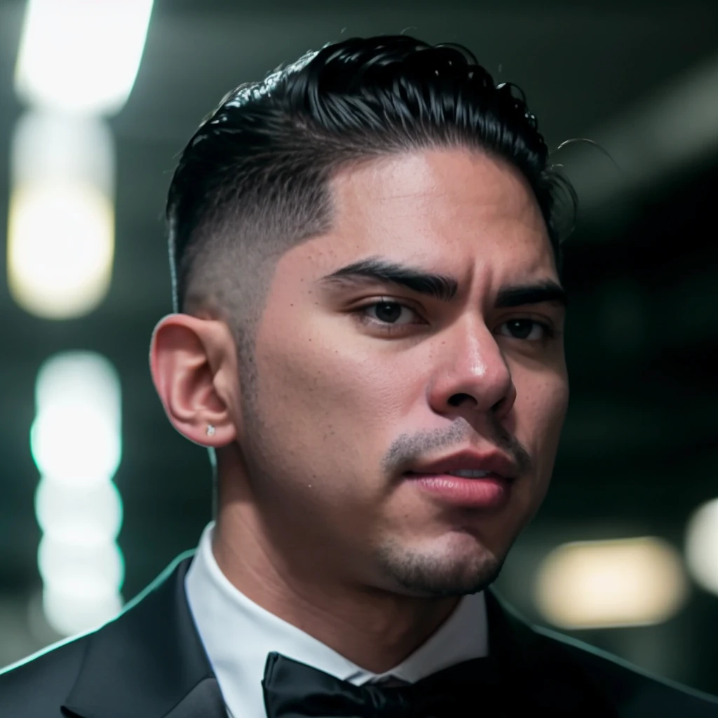 RAW face closeup portrait of fernandovaldez person wearing a tuxedo, professional photography, in blade runner, high resolution, 4k, 50mm, vaporwave, photo by Brooke Shaden, close portrait, <lora:fernandovaldez_6120:1>