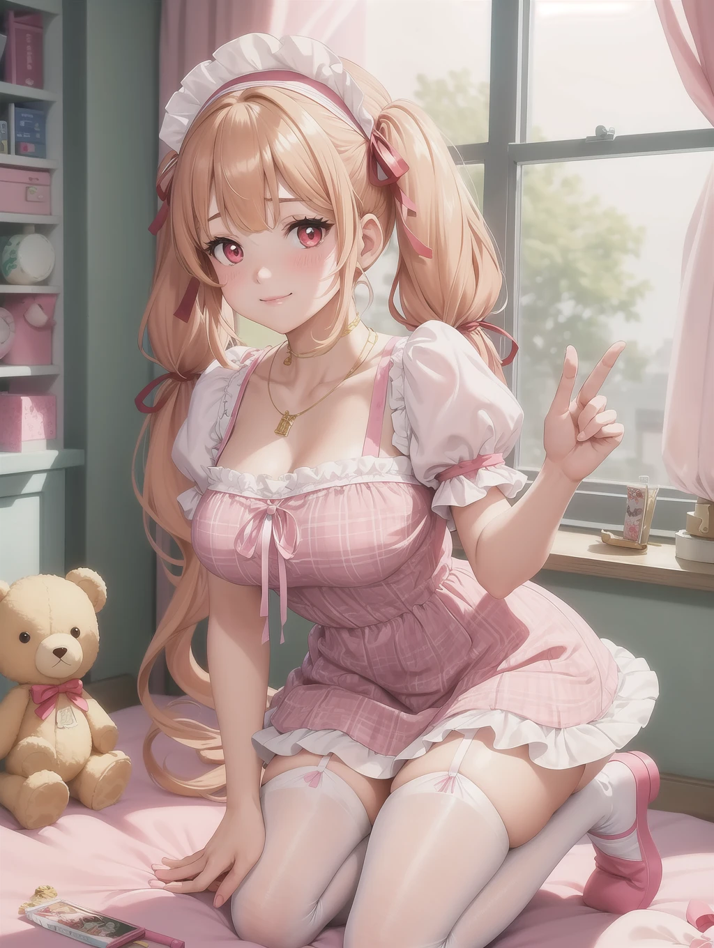 masterpiece,best quality,(solo:1.3),1girl,(tareme:1.2),(full body:1.2),kneeling,leaning forward,bent over,(low-tied_long_hair:1.3),(low twintails:1.2), dress, ribbons,hair ribbon,very long hair,hair ornament,hair flower, smile, looking at viewer, pink headwear,red eyes,symbol-shaped pupils, short sleeves, puffy sleeves, bangs, blush, blunt bangs, puffy short sleeves, jewelry, ribbon, plaid dress, makeup,eyelashes, necklace, wavy hair,(white thighhighs,thighs:1.2),indoors, messy room, window,sweet,girls's room,pink theme,painting \(medium\),teddy bear, stuffed toy, loaded interior,bedroom,(((otaku room)))