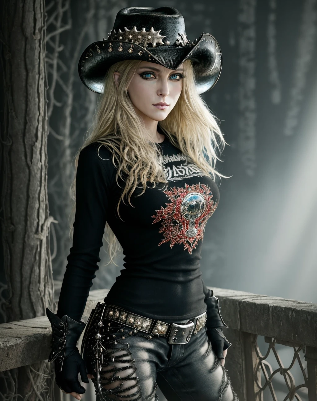 Masterpiece, absurdres,HDR, <lora:heavymetal_doll:0.75>, highly detailed eyes and face, beautiful heavymetal_doll, a woman in a black shirt and a cowboy hat , perfect heavymetal_doll body, perfect heavymetal_doll face,dressed in heavymetal_doll_clothing