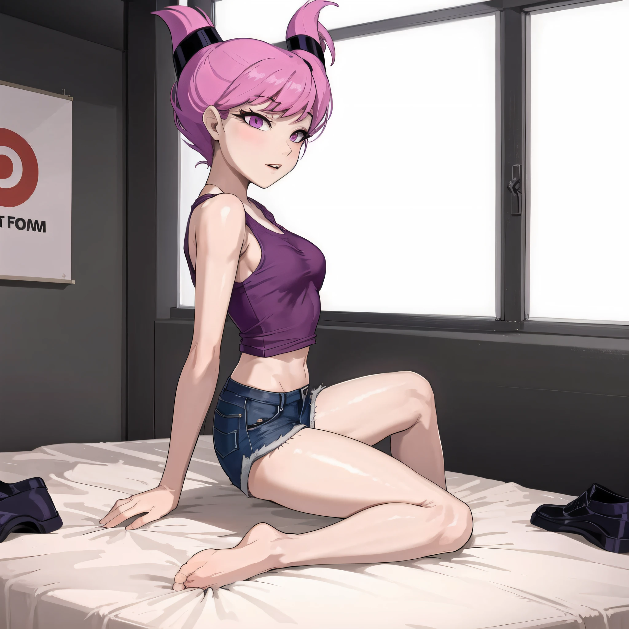 (studio bedroom)
(full body shot), sfw, mamimi,  masterpiece, detailed clothing texture, best quality, beautiful face, 1girl, Jinx posing, (purple tank top with logo), jean shorts
<lora:oldJinx_TT_V2:0.6>, <lora:chainsaw man mamimiArtworkStyle_v10:0.4>